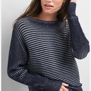 Gap Textured Knit‎ Dolman Pullover Sweater Navy Blue White Striped Size Large